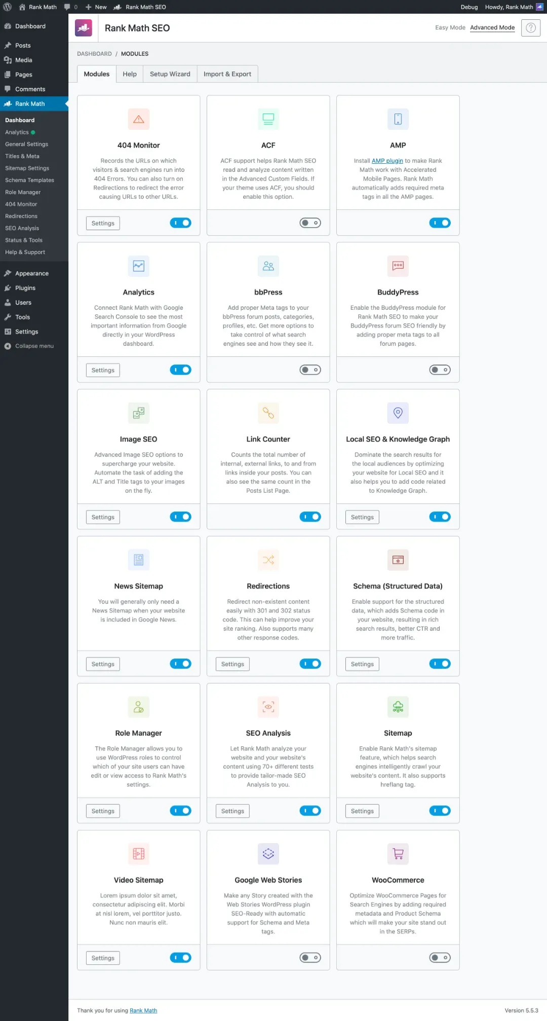 RankMath - SEO-Plugin für WordPress - Modul-Übersicht